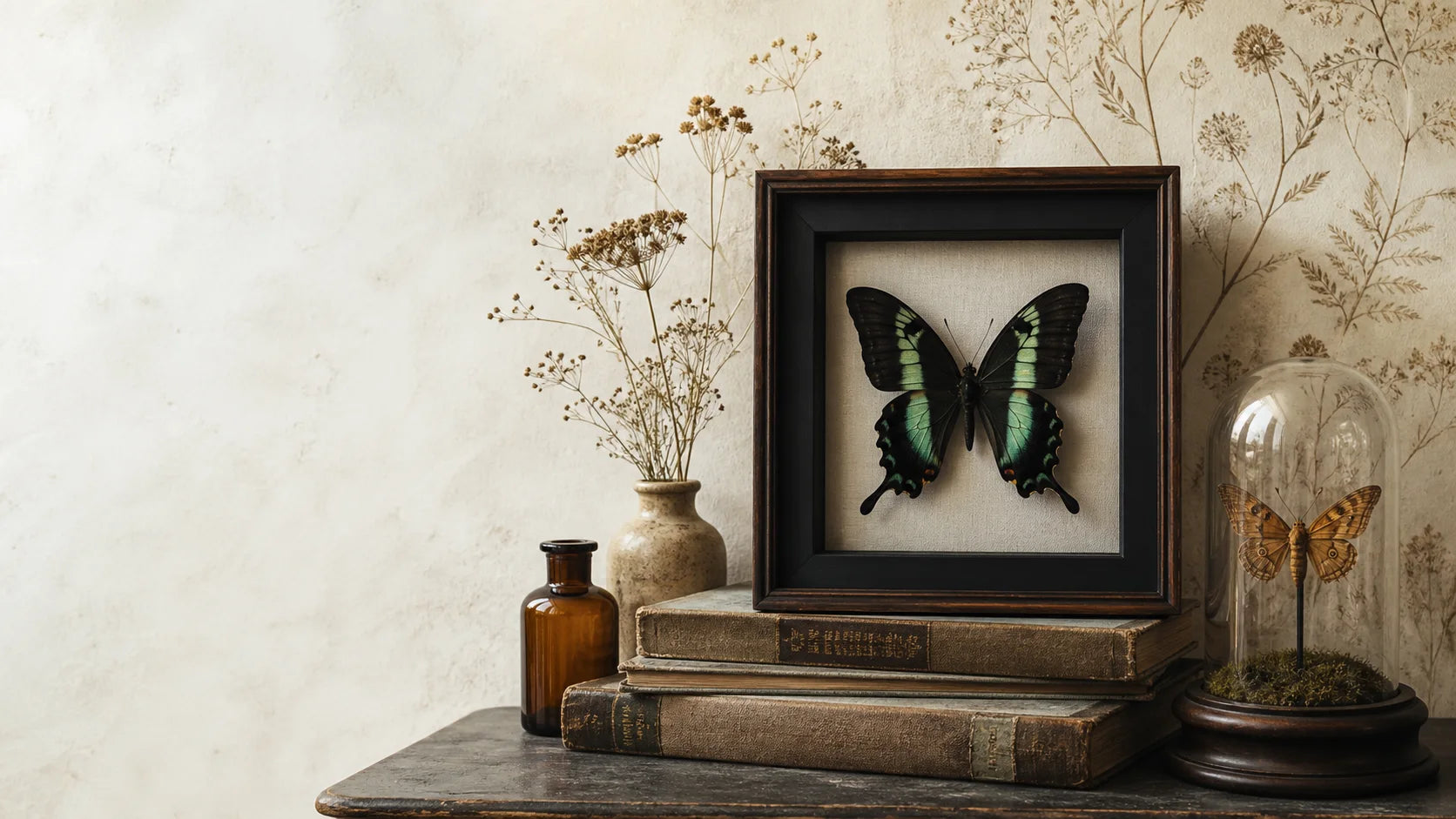 Ingelijste groene vlinder tussen botanische tekeningen, oude boeken en apothekersglas